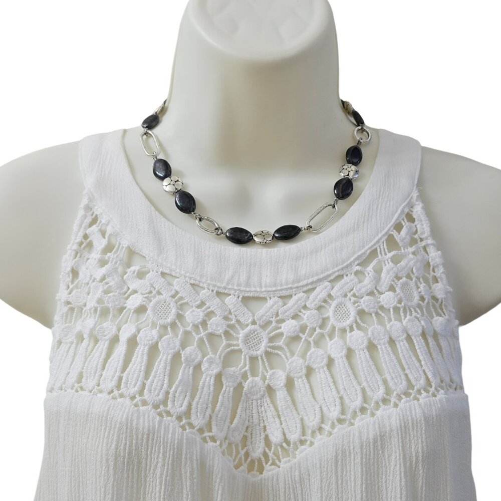 Brighton Silver Tone Black Beaded Chain Link Choker Necklace Signed